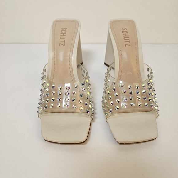 👍NWOT Schutz clear crystal white leather slide on block heal sandals sz 8.5 - Picture 4 of 9